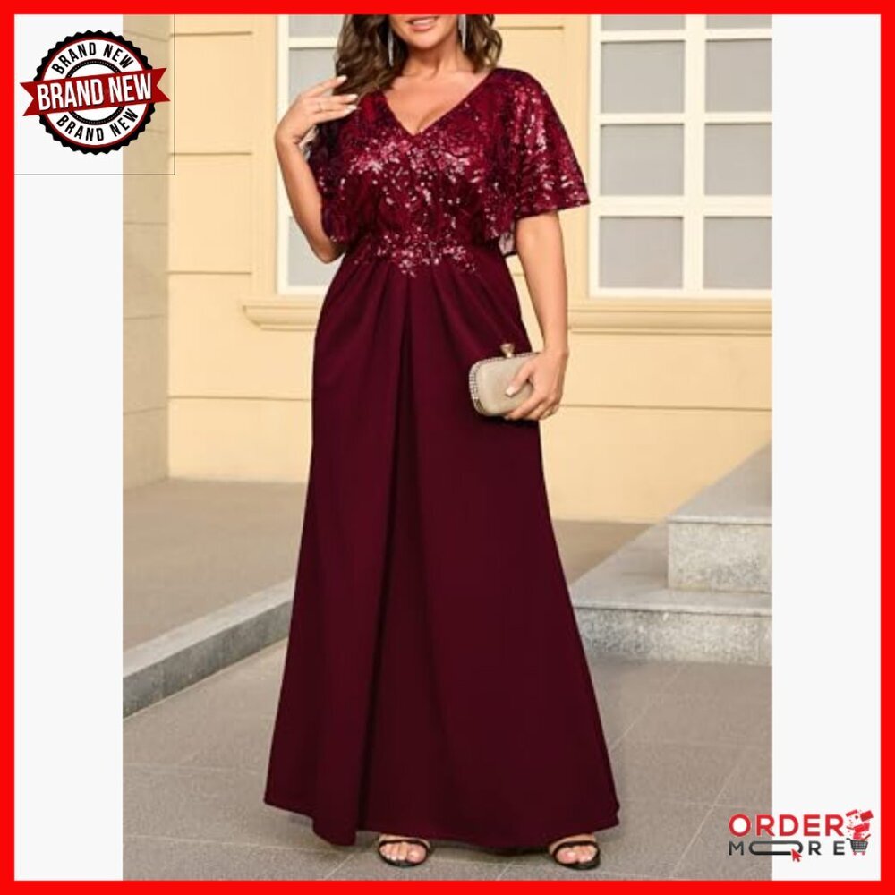 Plus Size Sequin Formal Evening Dress V-Neck Cape Sleeve Maxi - Picture 4 of 5